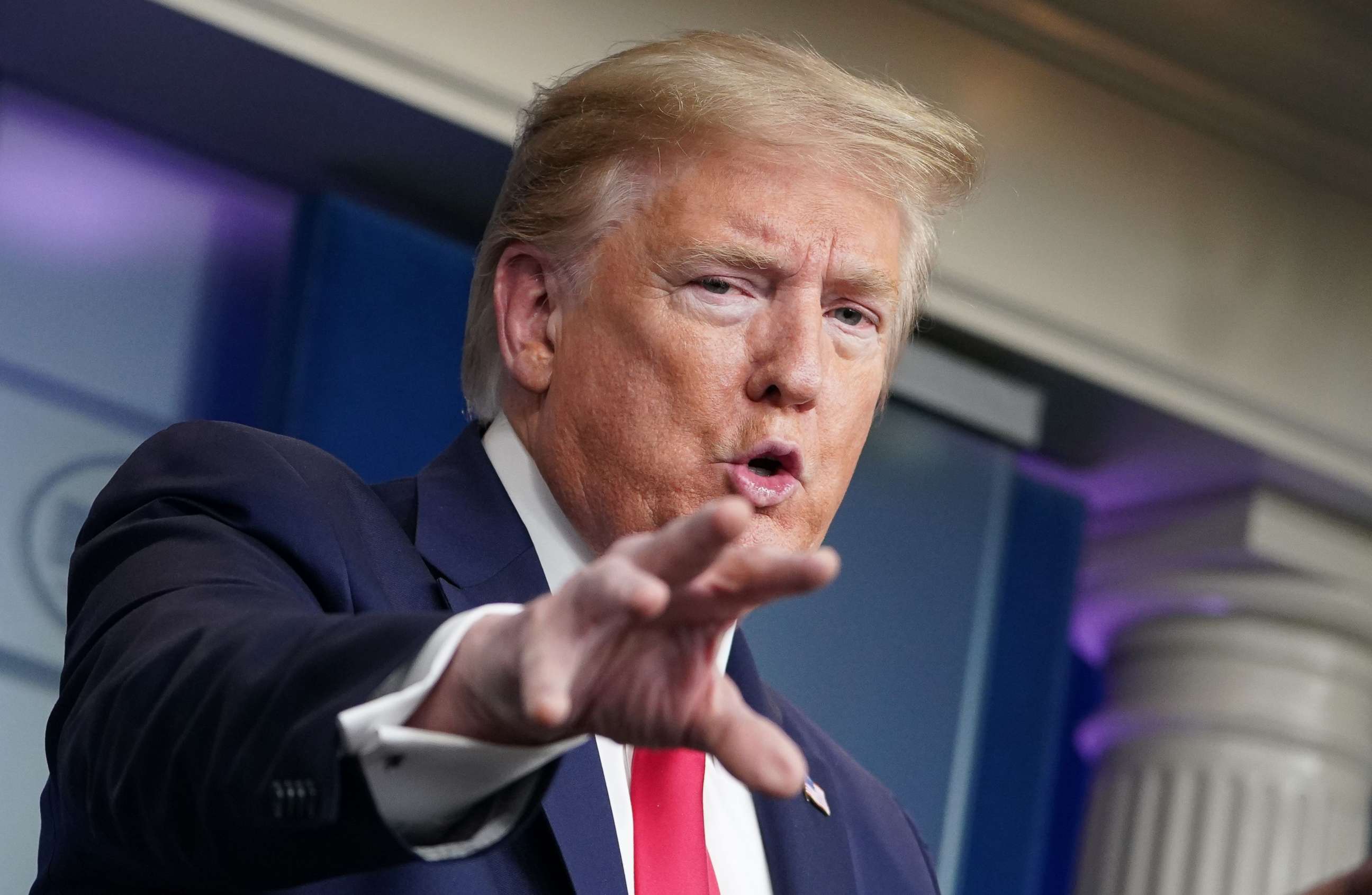 PHOTO: President Donald Trump speaks during the daily briefing on the novel coronavirus, which causes COVID-19, in the Brady Briefing Room of the White House on April 22, 2020, in Washington.
