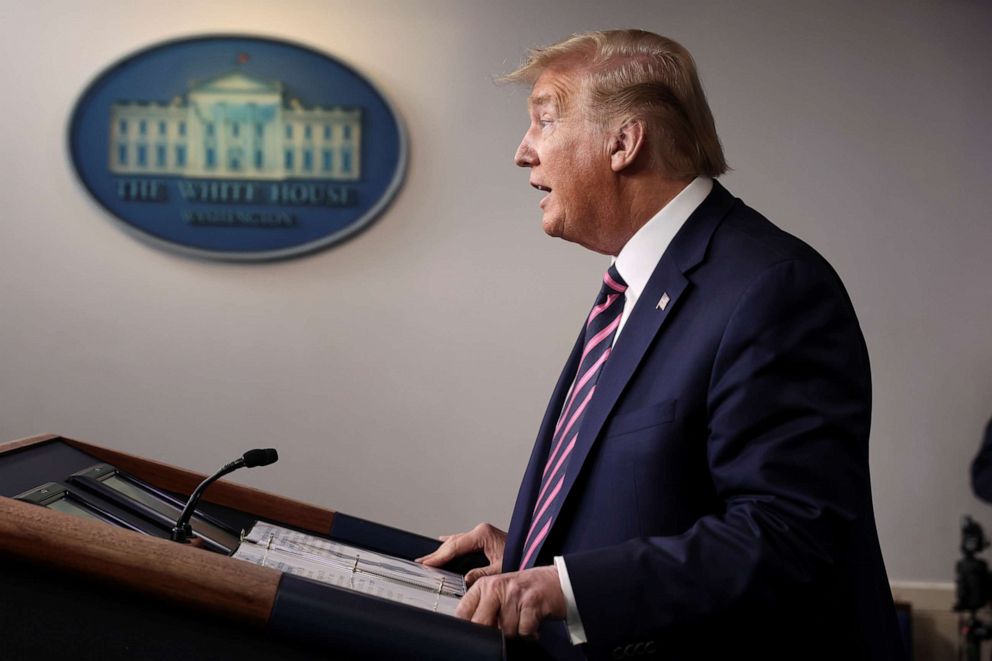 PHOTO: President Donald Trump speaks during the daily coronavirus task force briefing at the White House in Washington, April 24, 2020.