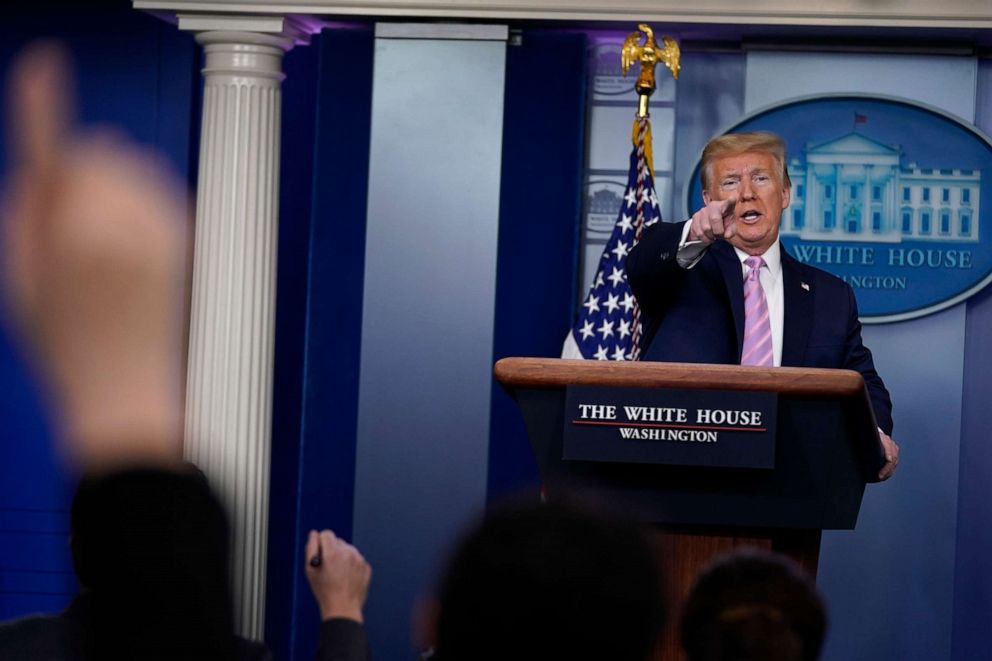 PHOTO: President Donald Trump responds to questions during a coronavirus task force briefing at the White House, April 10, 2020, in Washington.