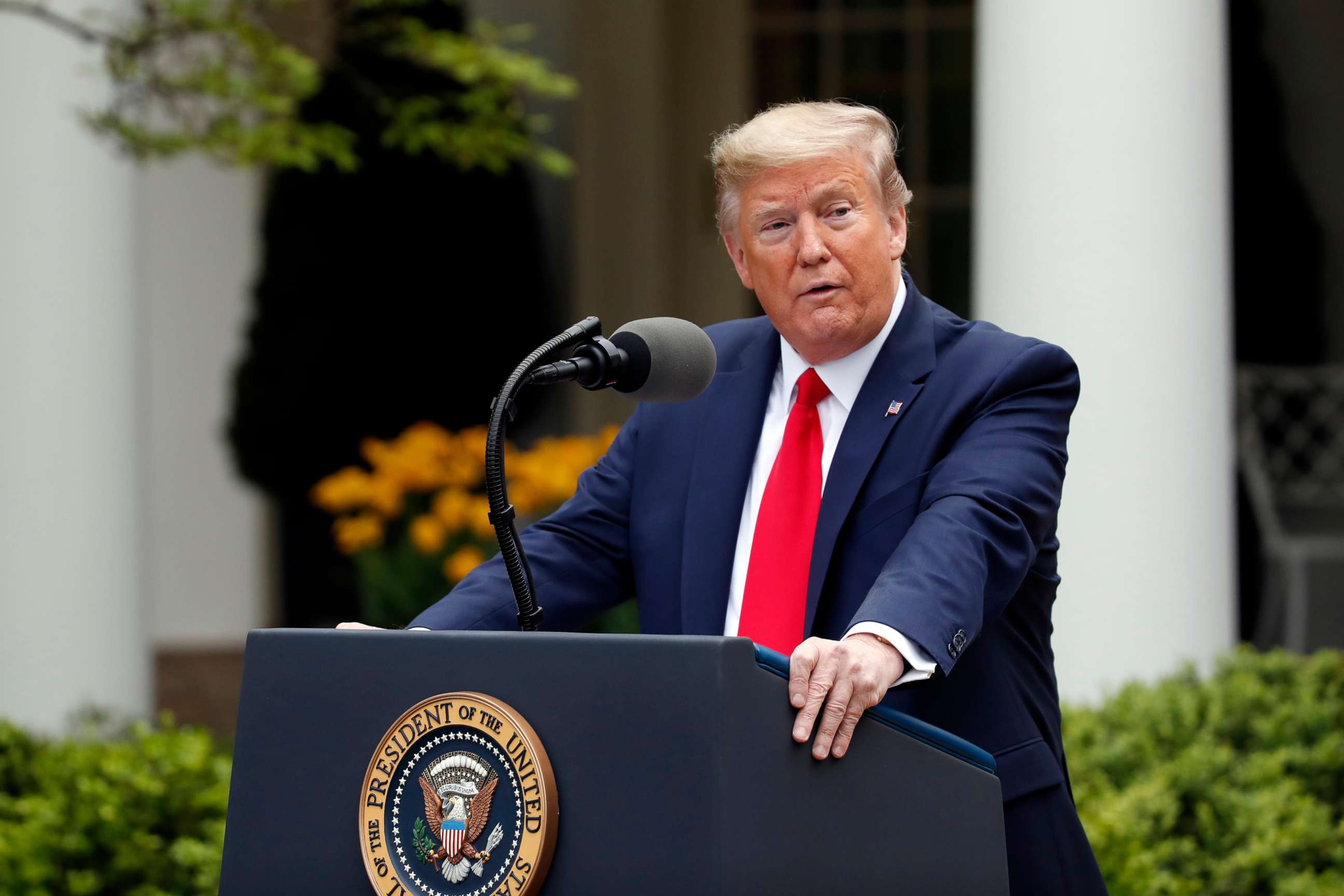 PHOTO: President Donald Trump speaks about the coronavirus in the Rose Garden of the White House, April 14, 2020, in Washington.