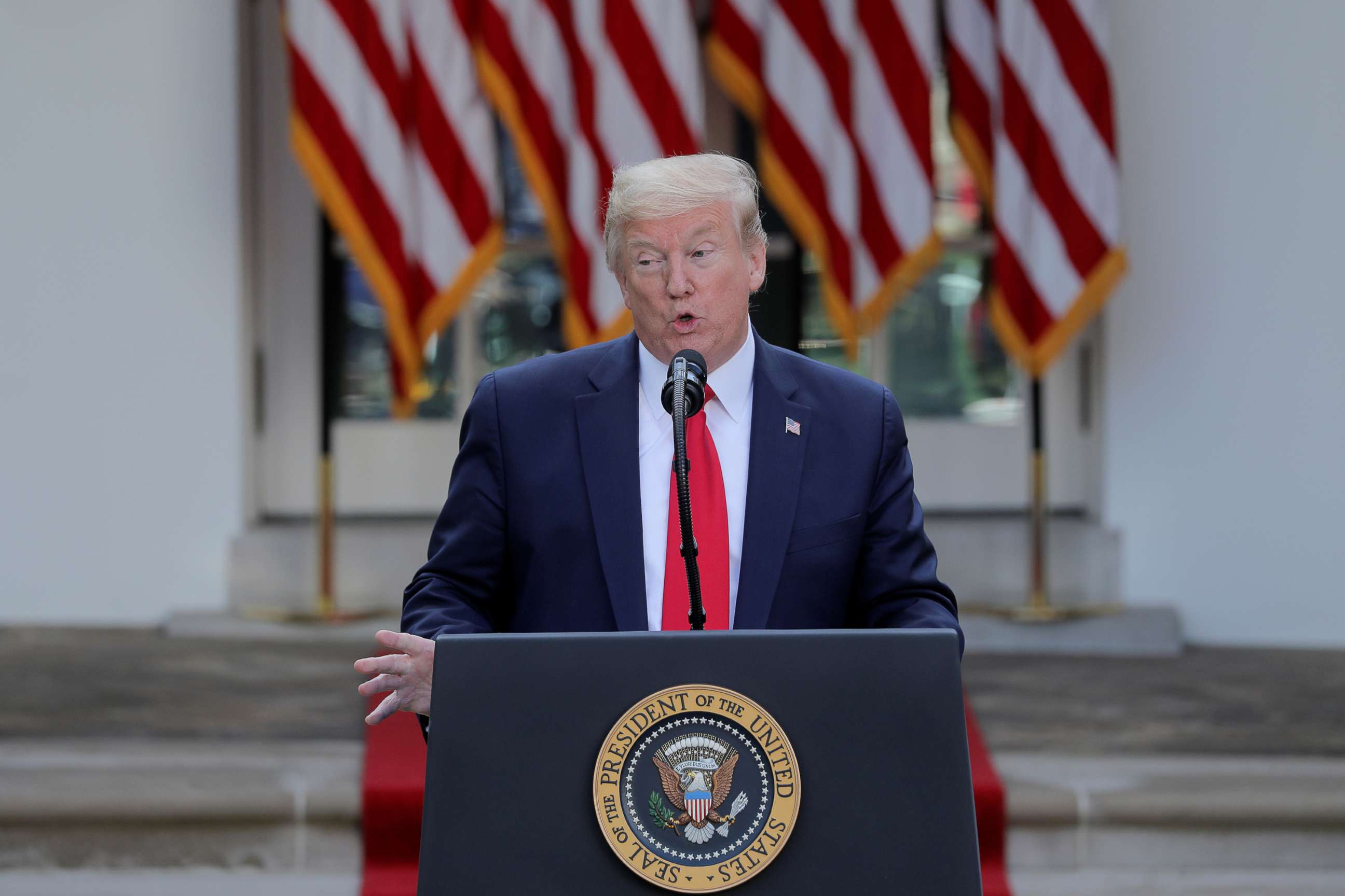 PHOTO: President Donald Trump addresses a coronavirus response news conference in the Rose Garden at the White House in Washington, April 27, 2020.