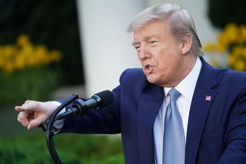 PHOTO: President Donald Trump speaks during the daily briefing on the novel coronavirus, COVID-19, in the Rose Garden at the White House on April 15, 2020, in Washington.