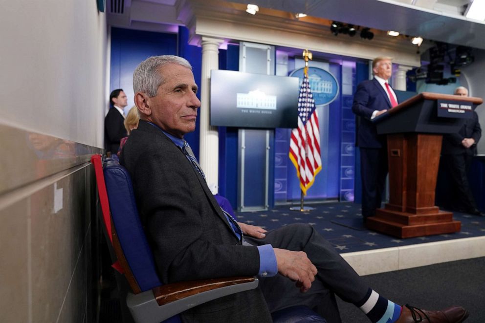 PHOTO: Dr. Anthony Fauci, director of the National Institute of Allergy and Infectious Diseases, listens as President Donald Trump addresses the daily coronavirus task force briefing at the White House in Washington, April 8, 2020.