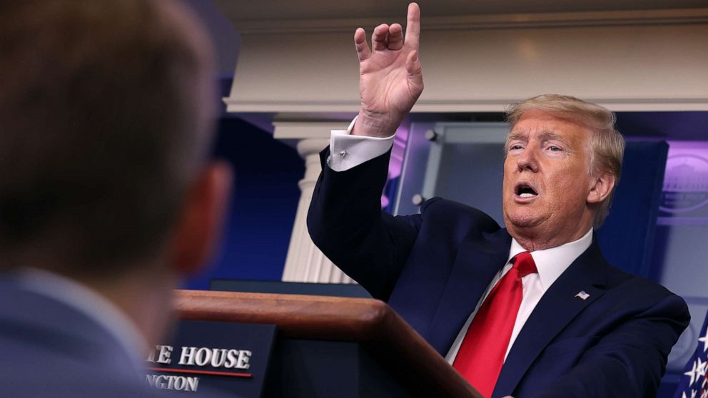 PHOTO: President Donald Trump speaks during his coronavirus task force briefing in the Brady Press Briefing Room at the White House on April 08, 2020, in Washington.