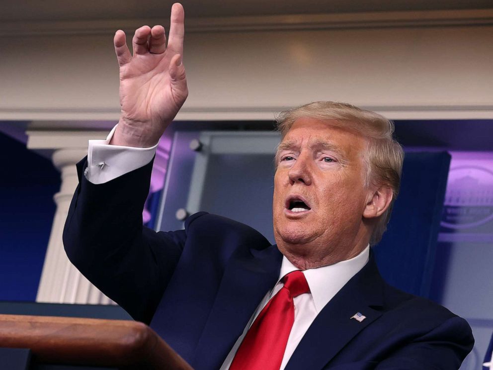 PHOTO: President Donald Trump speaks during his coronavirus task force briefing in the Brady Press Briefing Room at the White House on April 08, 2020, in Washington.