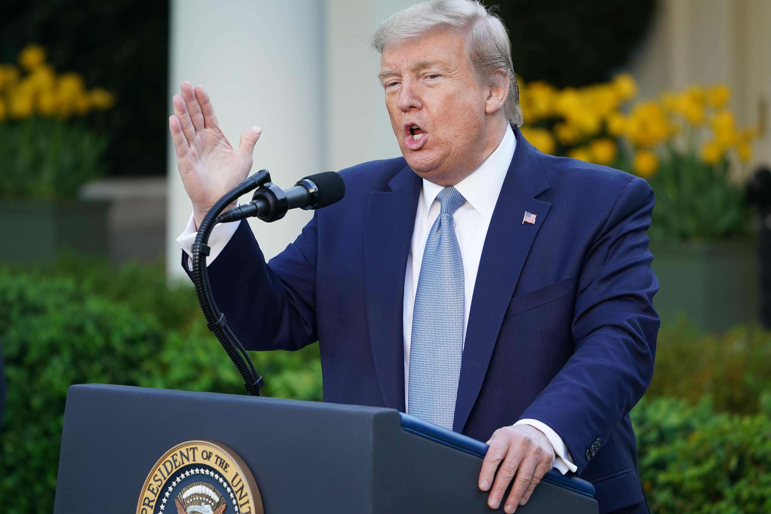 PHOTO: President Donald Trump speaks during the daily briefing on the novel coronavirus, COVID-19, in the Rose Garden at the White House, April 15, 2020, in Washington.