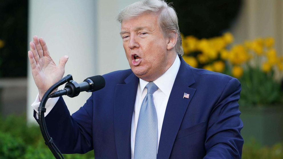 PHOTO: President Donald Trump speaks during the daily briefing on the novel coronavirus, COVID-19, in the Rose Garden at the White House, April 15, 2020, in Washington.