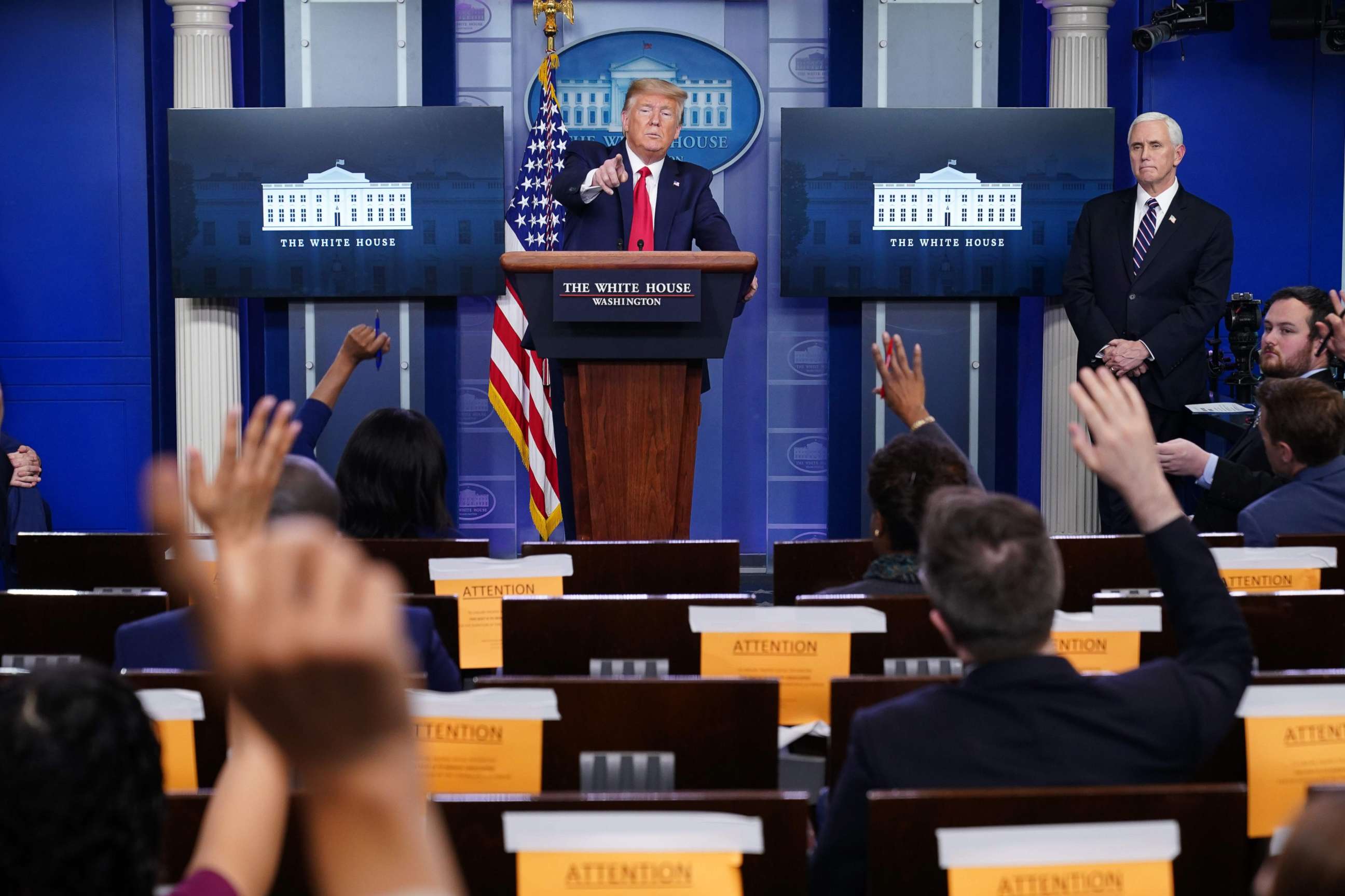 PHOTO: President Donald Trump speaks during the daily briefing on the novel coronavirus, COVID-19, in the White House on April 8, 2020, in Washington.