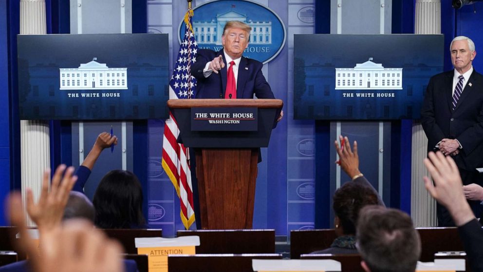 PHOTO: President Donald Trump speaks during the daily briefing on the novel coronavirus, COVID-19, in the White House on April 8, 2020, in Washington.