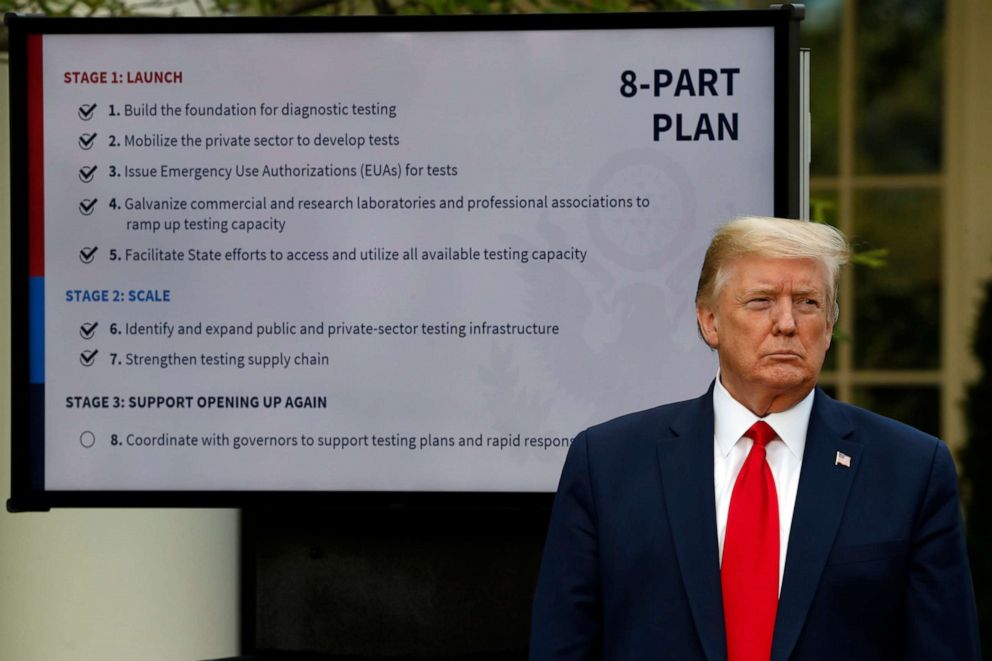 PHOTO: President Donald Trump listens during briefing about the coronavirus in the Rose Garden of the White House, April 27, 2020, in Washington.