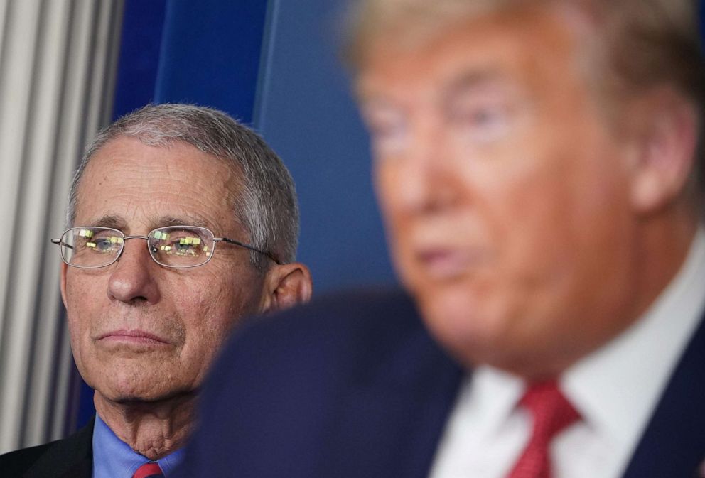 PHOTO: President Donald Trump speaks during the daily briefing on the novel coronavirus, COVID-19, as Director of the National Institute of Allergy and Infectious Diseases Anthony Fauci looks on at the White House on March 25, 2020, in Washington.