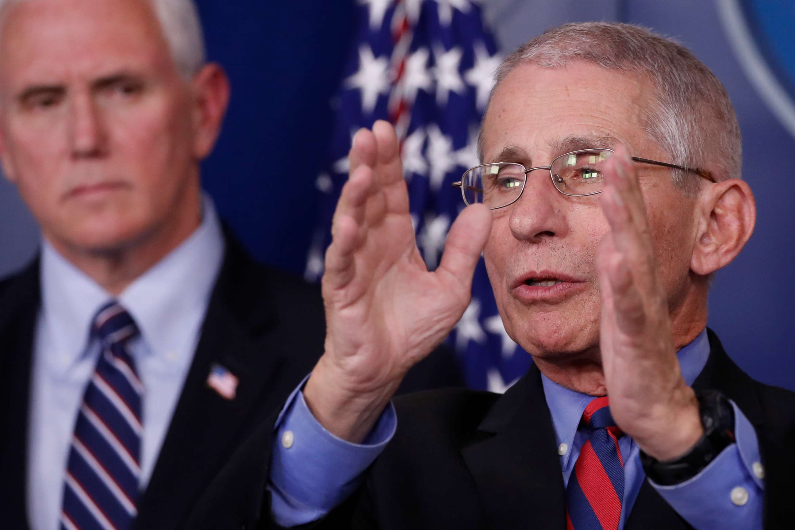 PHOTO: Dr. Anthony Fauci speaks about the coronavirus in the James Brady Briefing Room, March 25, 2020, in Washington, as Vice President Mike Pence listens.