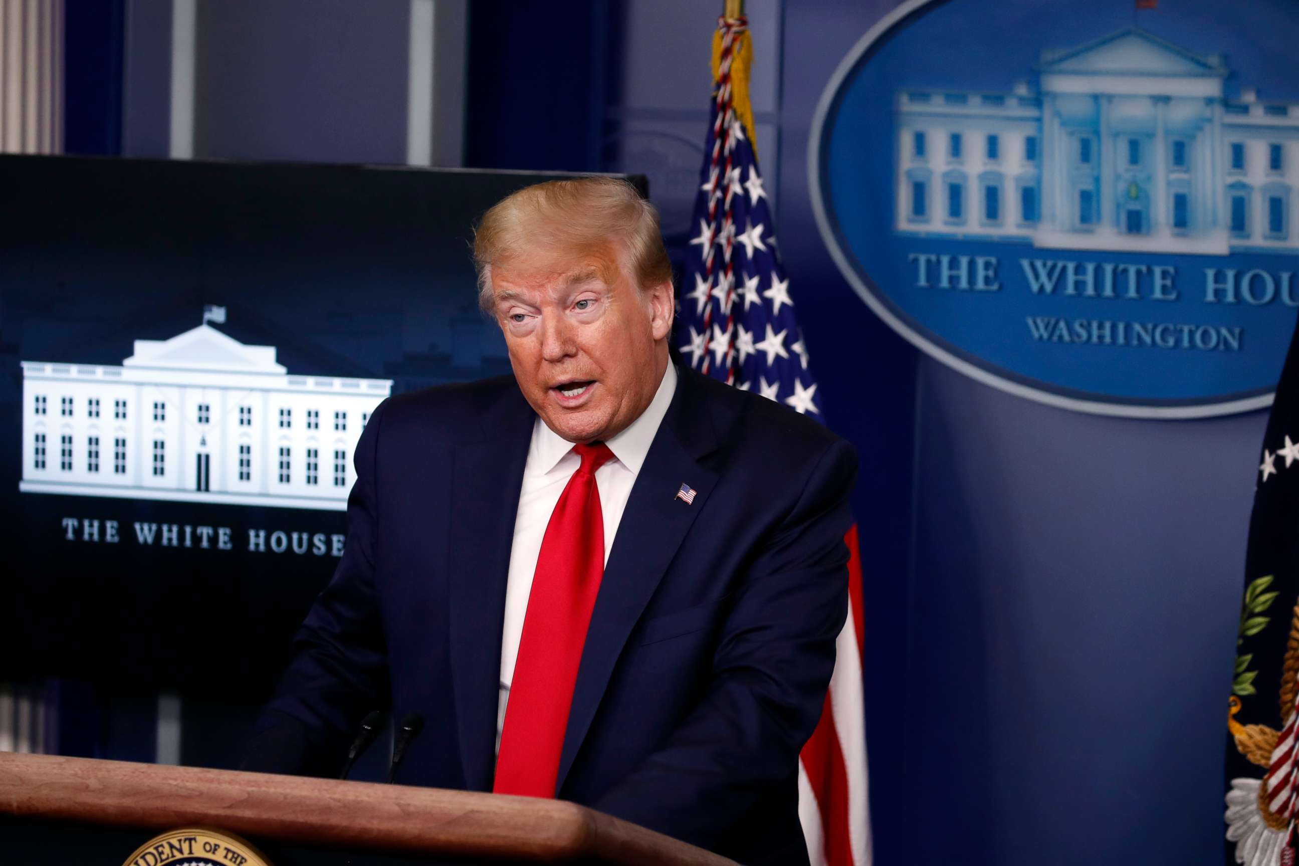 PHOTO: President Donald Trump speaks with reporters about the coronavirus in the James Brady Briefing Room of the White House, May 22, 2020, in Washington.
