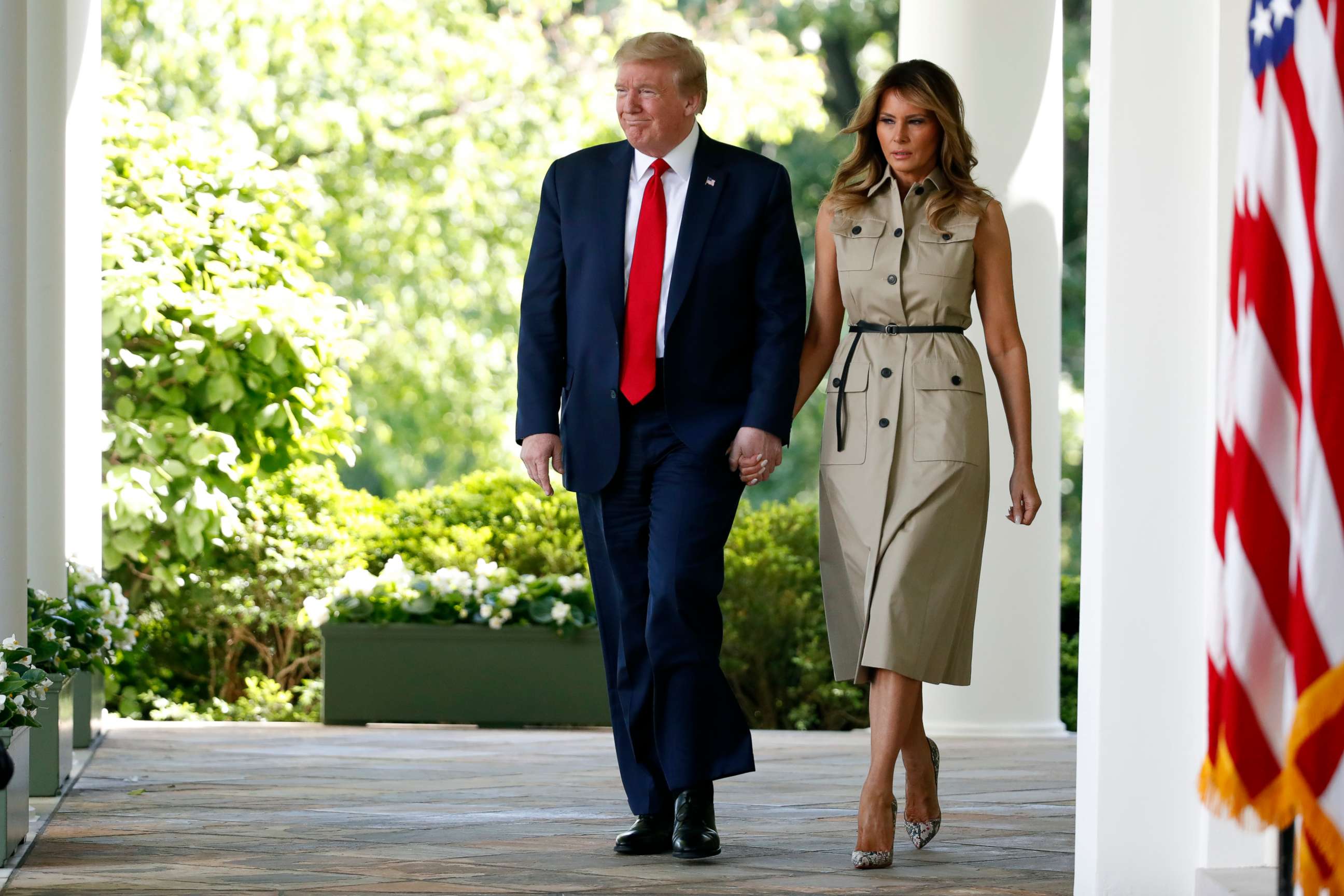 PHOTO: President Donald Trump and first lady Melania Trump arrive for a White House National Day of Prayer Service in the Rose Garden of the White House, May 7, 2020, in Washington.