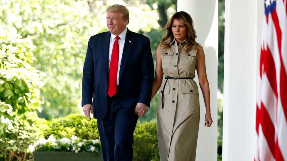 PHOTO: President Donald Trump and first lady Melania Trump arrive for a White House National Day of Prayer Service in the Rose Garden of the White House, May 7, 2020, in Washington.