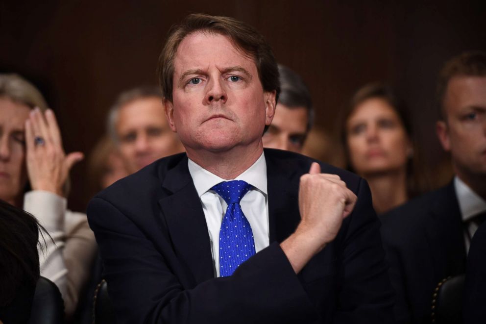 PHOTO: White House Counsel and Assistant to President Donald Trump, Donald McGahn, listens to Supreme Court nominee Brett Kavanaugh as he testifies before the US Senate Judiciary Committee on Capitol Hill, Sept. 27, 2018.