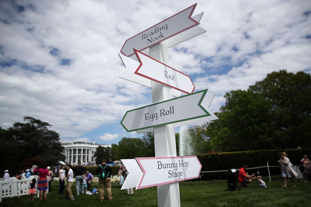 PHOTO: Signs direct guests to different locations during the 141st Easter Egg Roll at the White House, April 22, 2019.
