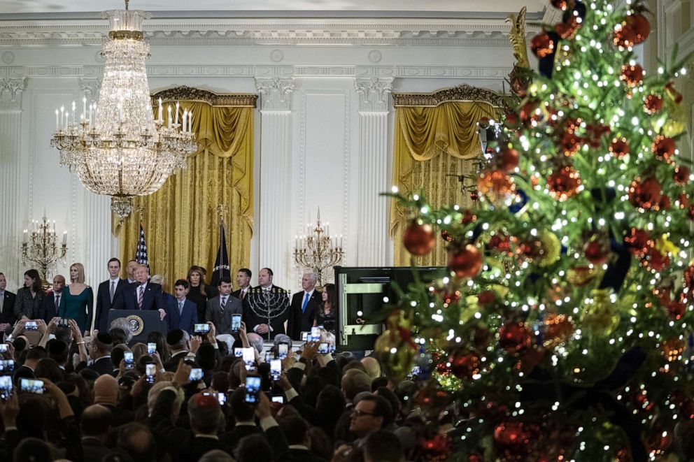 PHOTO: President Donald Trump speaks during a Hanukkah reception at the White House in Washington, D.C., Dec. 11, 2019.