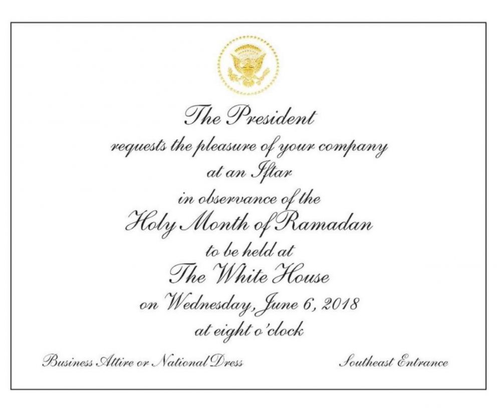 PHOTO: The invitation to an iftar at the White House on June 6, 2018.