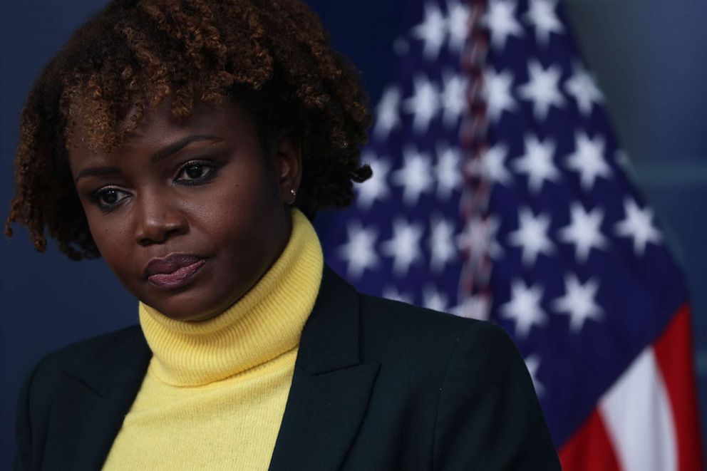 PHOTO: White House Principal Deputy Press Secretary Karine Jean-Pierre conducts a daily press briefing in the James S. Brady Press Briefing Room of the White House in Washington, D.C., on Feb. 14, 2022.