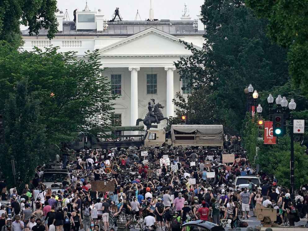 PHOTO: National Guard vehicles are used to block 16th Street near Lafayette Park and the White House as Demonstrators participate in a peaceful protest against police brutality and the death of George Floyd, on June 3, 2020, in Washington, DC.