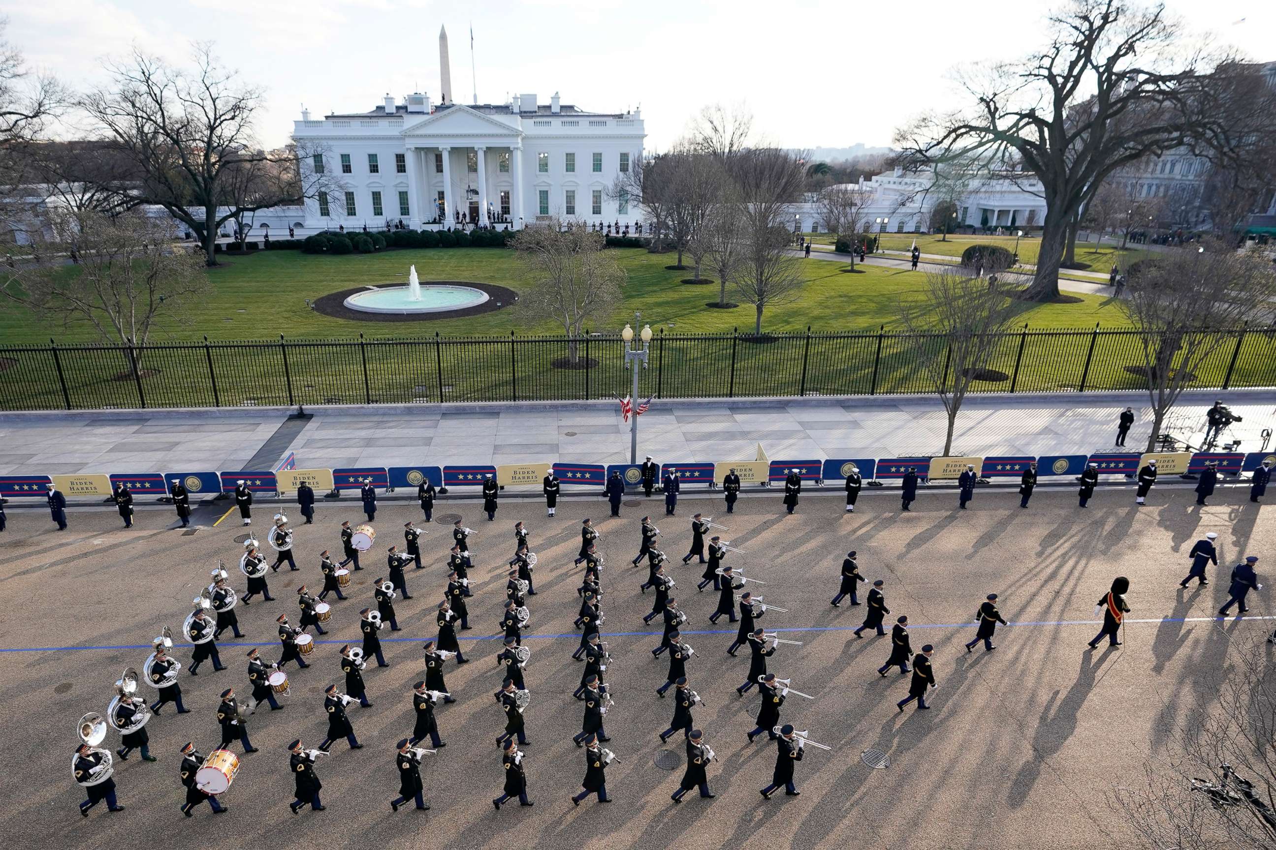 PHOTO: A U.S. Army band marches near the White House during the Presidential Escort, part of Inauguration Day ceremonies for President Joe Biden, Jan. 20, 2021.