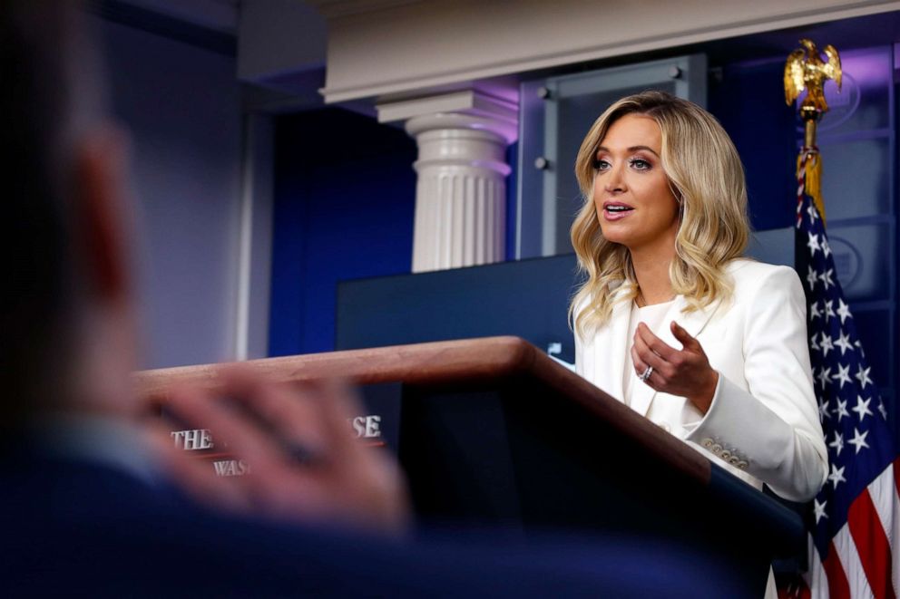 PHOTO: White House press secretary Kayleigh McEnany speaks during a briefing in the James Brady Briefing Room of the White House, May 6, 2020, in Washington.