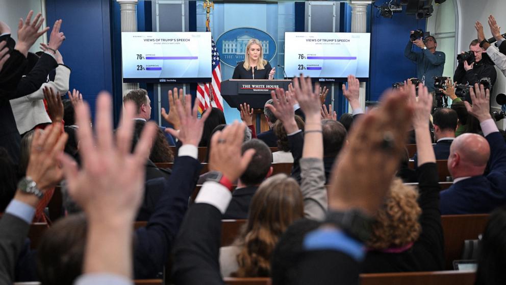 PHOTO: White House Press Secretary Karoline Leavitt speaks during the daily briefing in the Brady Briefing Room of the White House in Washington, DC, on March 5, 2025.