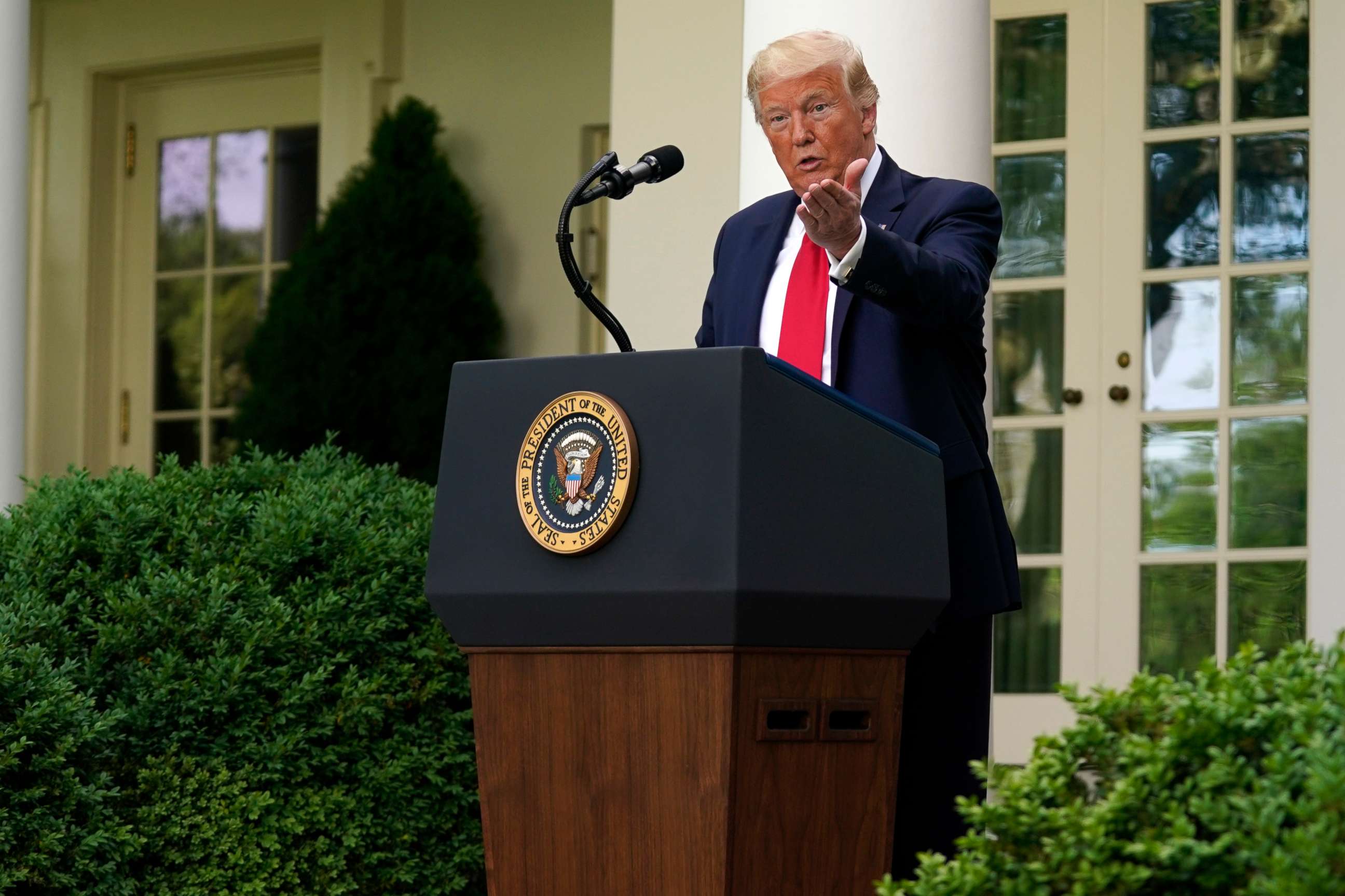 PHOTO: President Donald Trump answers questions from reporters during an event on protecting seniors with diabetes in the Rose Garden White House, May 26, 2020, in Washington.