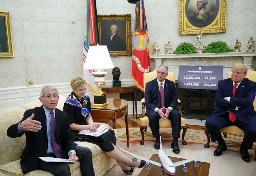 PHOTO: Dr. Anthony Fauci speaks next to Response coordinator for White House Coronavirus Task Force Deborah Birx in the Oval Office of the White House in Washington, April 29, 2020.