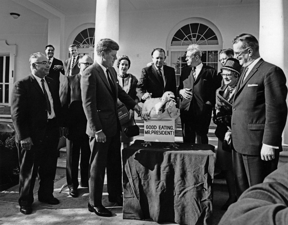 PHOTO: President John Kennedy presides over the pardoning of the turkey ceremony at the White House in 1962.