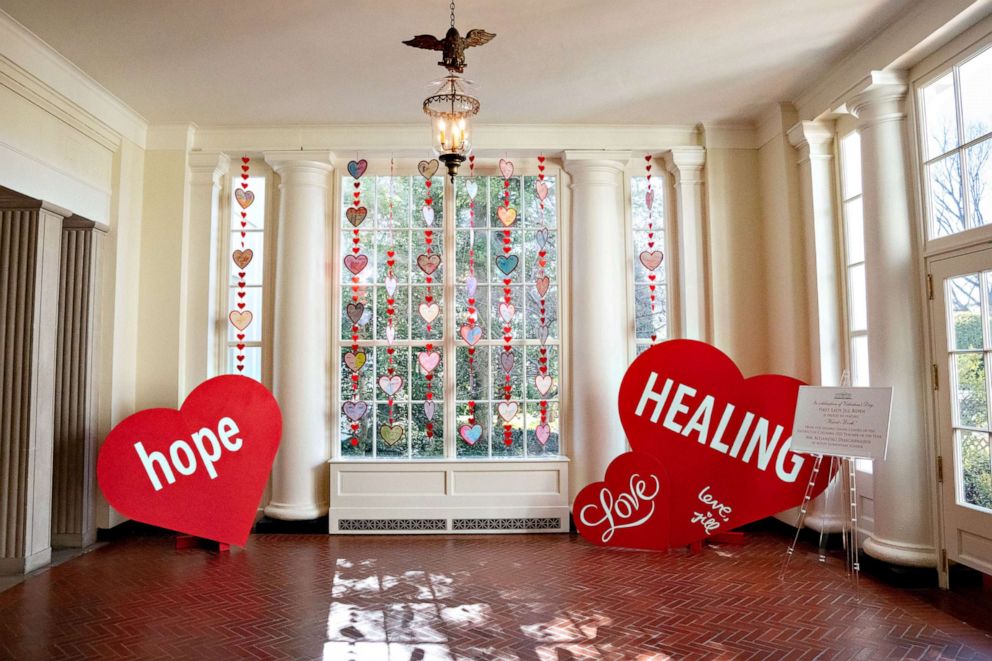 PHOTO: For Valentines Day, first lady Jill Biden featured the "heart-work" of the second-grade students of Washington DC's teacher of the year for 2021, Mr. Alejandro Diasgranado, inside the White House in Washington, Feb. 2022.