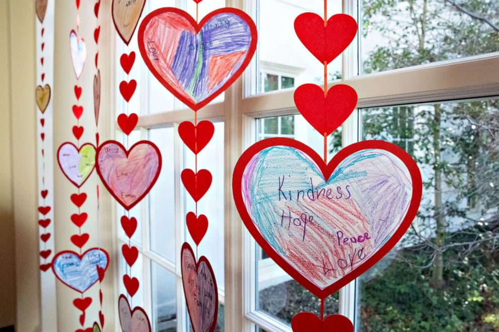 PHOTO: For Valentines Day, first lady Jill Biden featured the "heart-work" of the second-grade students of Washington DC's teacher of the year for 2021, Mr. Alejandro Diasgranado, inside the White House in Washington, Feb. 2022.