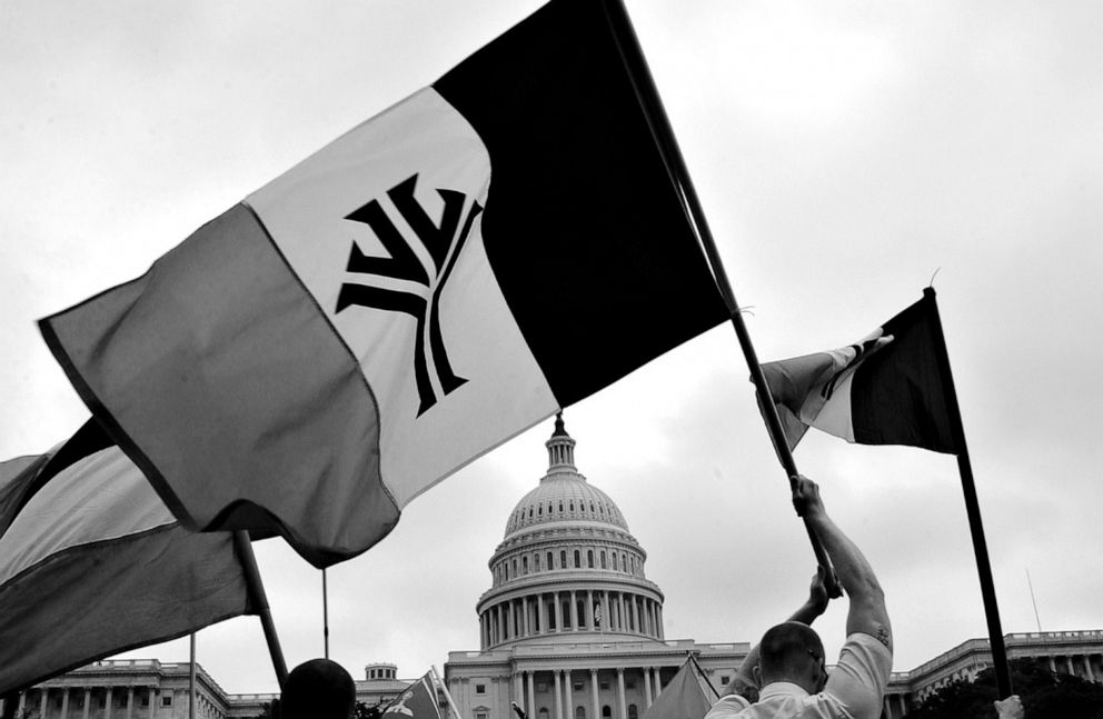PHOTO: In this Aug. 24, 2004, file photo, National Alliance members march on the yard of the Capitol Building along side other racists groups, like skinheads and klansmen during a protest in Washington, DC.