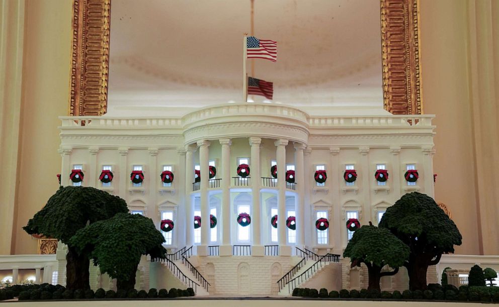 PHOTO: A gingerbread White House adorns the State Dining Room during a holiday decoration press preview at the White House, Nov. 30, 2020.