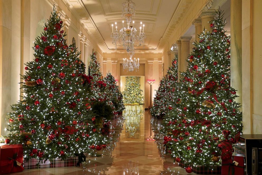 PHOTO: The Cross Hall of the White House is adorned with holiday decorations during a press preview, Nov. 30, 2020.