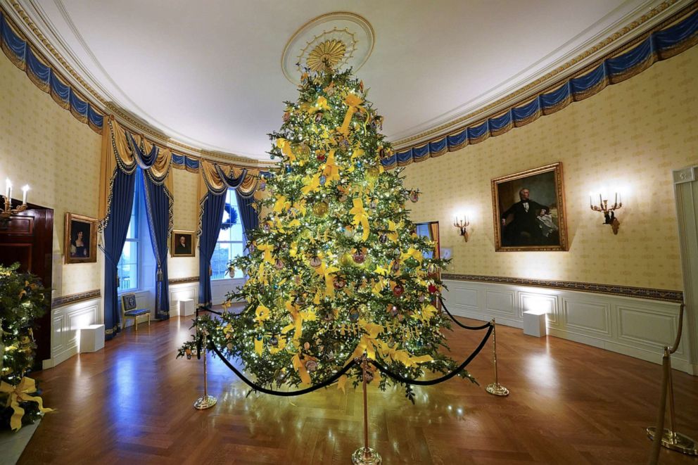 PHOTO: The Blue Room of the White House is adorned with holiday decorations during a press preview, Nov. 30, 2020.
