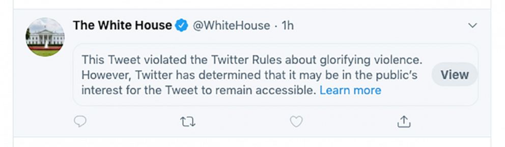 PHOTO: A retweet from the White House Twitter account of a tweet from President Donald Trump has been flagged by Twitter, May 29, 2020.
