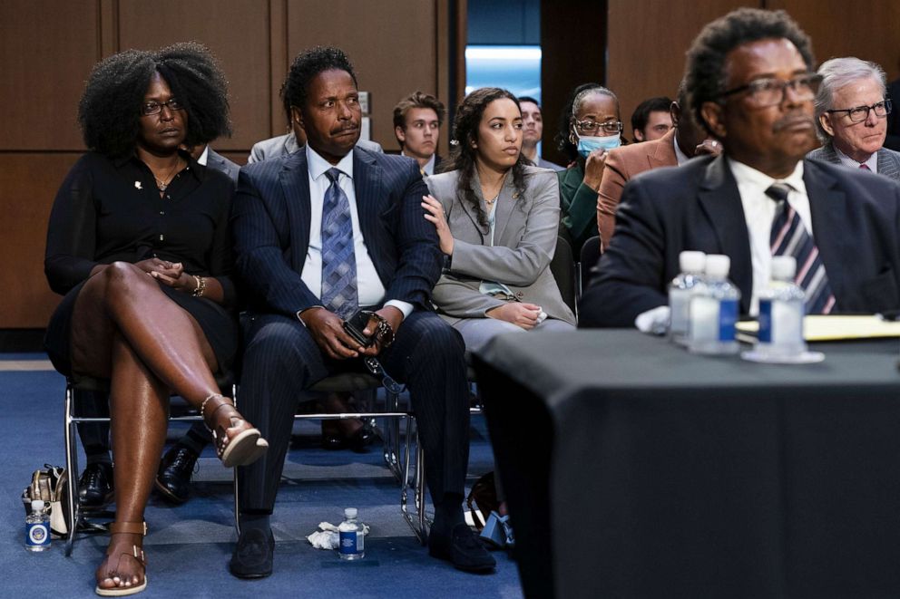 PHOTO: Family and friends of victims of the Buffalo supermarket shooting listen to testimony, including Garnell Whitfield, Jr., right, whose mother was killed in the shooting, during a hearing on domestic terrorism, June 7, 2022, in Washington, D.C.