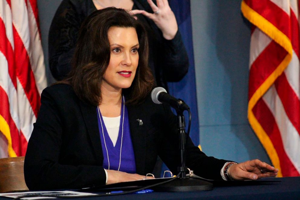 PHOTO: Michigan Gov. Gretchen Whitmer addresses the state during a speech in Lansing, Mich., April 17, 2020.