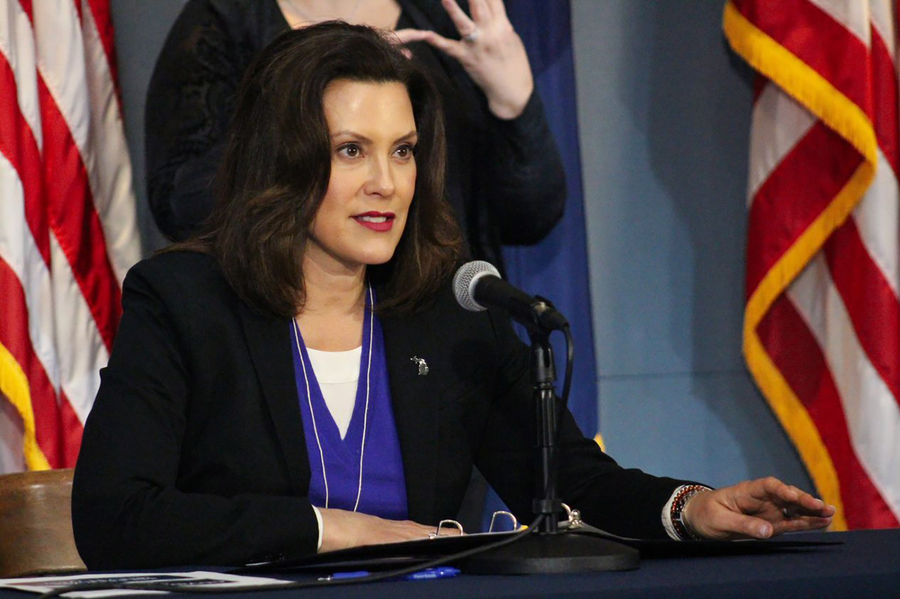 PHOTO: Michigan Gov. Gretchen Whitmer addresses the state during a speech in Lansing, Mich., April 17, 2020. 