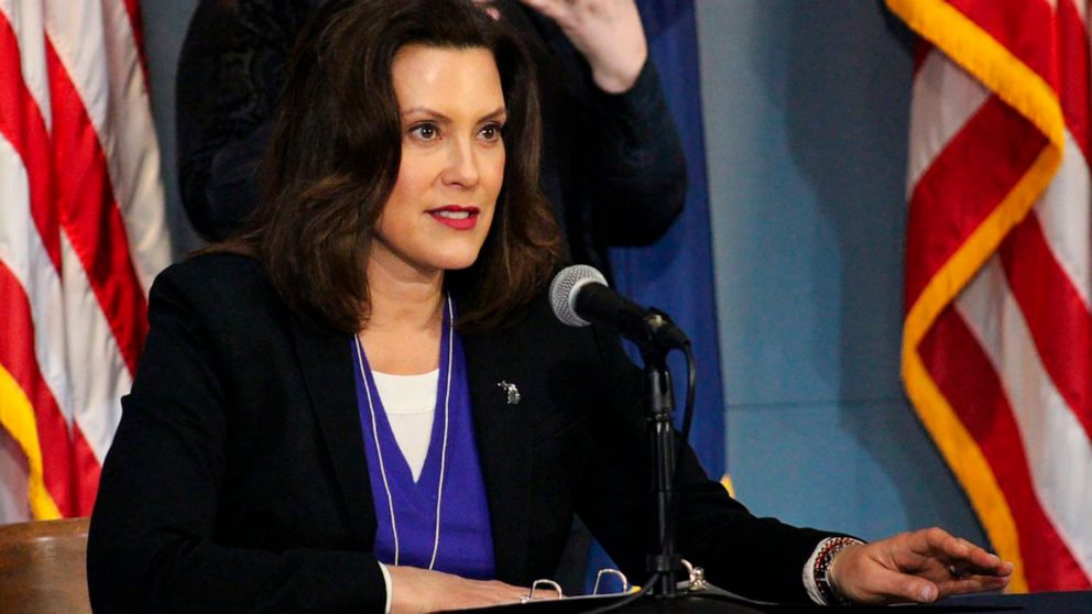 PHOTO: Michigan Gov. Gretchen Whitmer addresses the state during a speech in Lansing, Mich., April 17, 2020. 