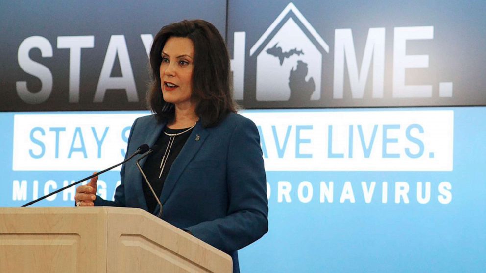 PHOTO: In a pool photo provided by the Michigan Office of the Governor, Michigan Gov. Gretchen Whitmer addresses the state during a speech in Lansing, Mich., Wednesday, April 22, 2020. 