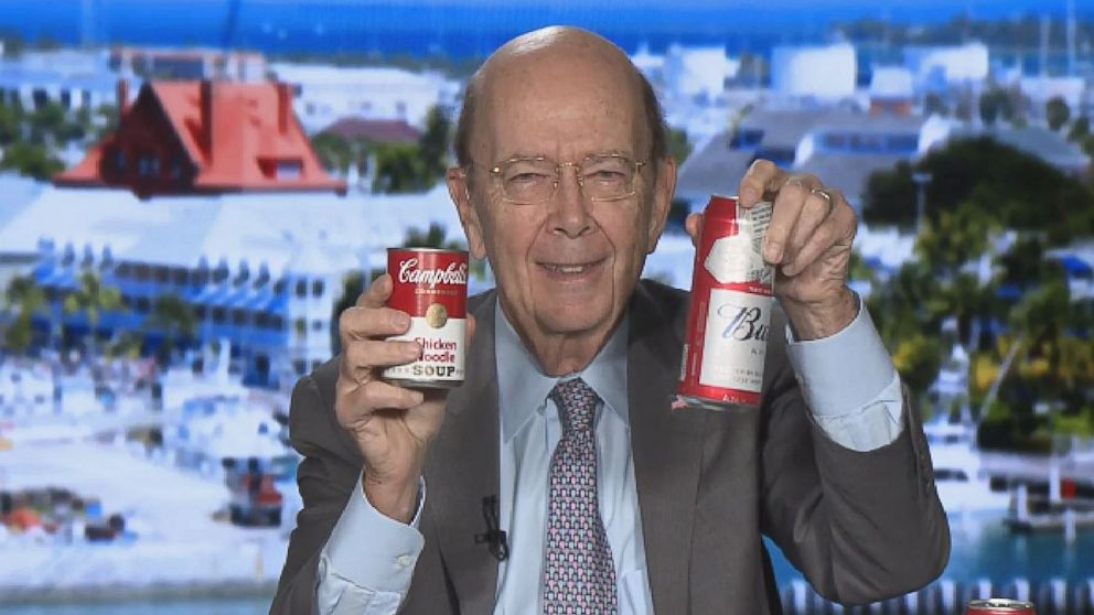 PHOTO: U.S. Commerce Secretary Wilbur Ross uses a can of Campbell's Soup to defend steel and aluminum tariffs in this screen grab from CNBC, March 2, 2018.