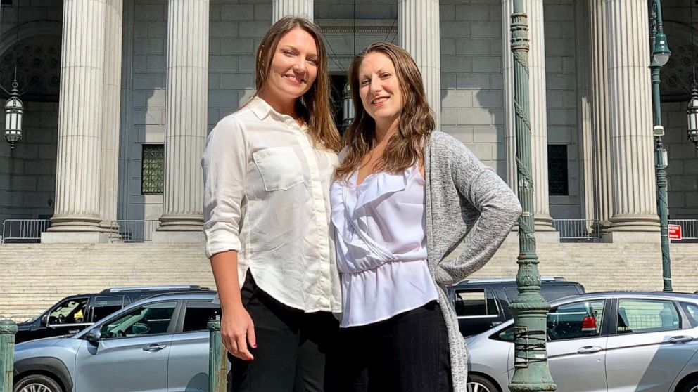 PHOTO: Courtney Wild, left, and Michelle Licata after Jeffrey Epstein's arraignment in downtown New York