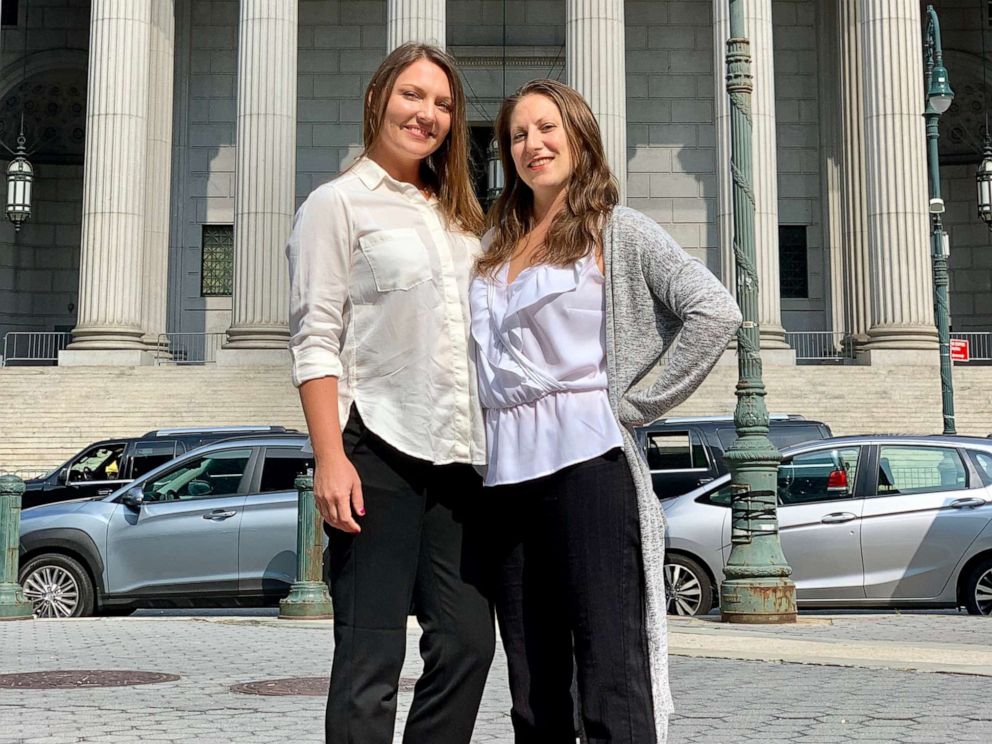 PHOTO: Courtney Wild, left, and Michelle Licata after Jeffrey Epsteins arraignment in downtown New York