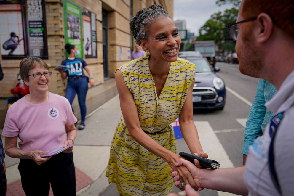 PHOTO: Democratic mayoral candidate Maya Wiley, center, as she greet voters during a campaign stop in the West Village neighborhood of New York City, June 22, 2021.