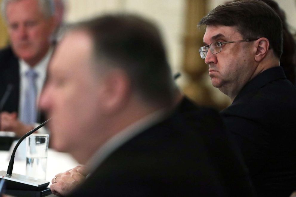 PHOTO: Secretary of Veterans Affairs Robert Wilkie listens during a cabinet meeting in the East Room of the White House on May 19, 2020 in Washington.