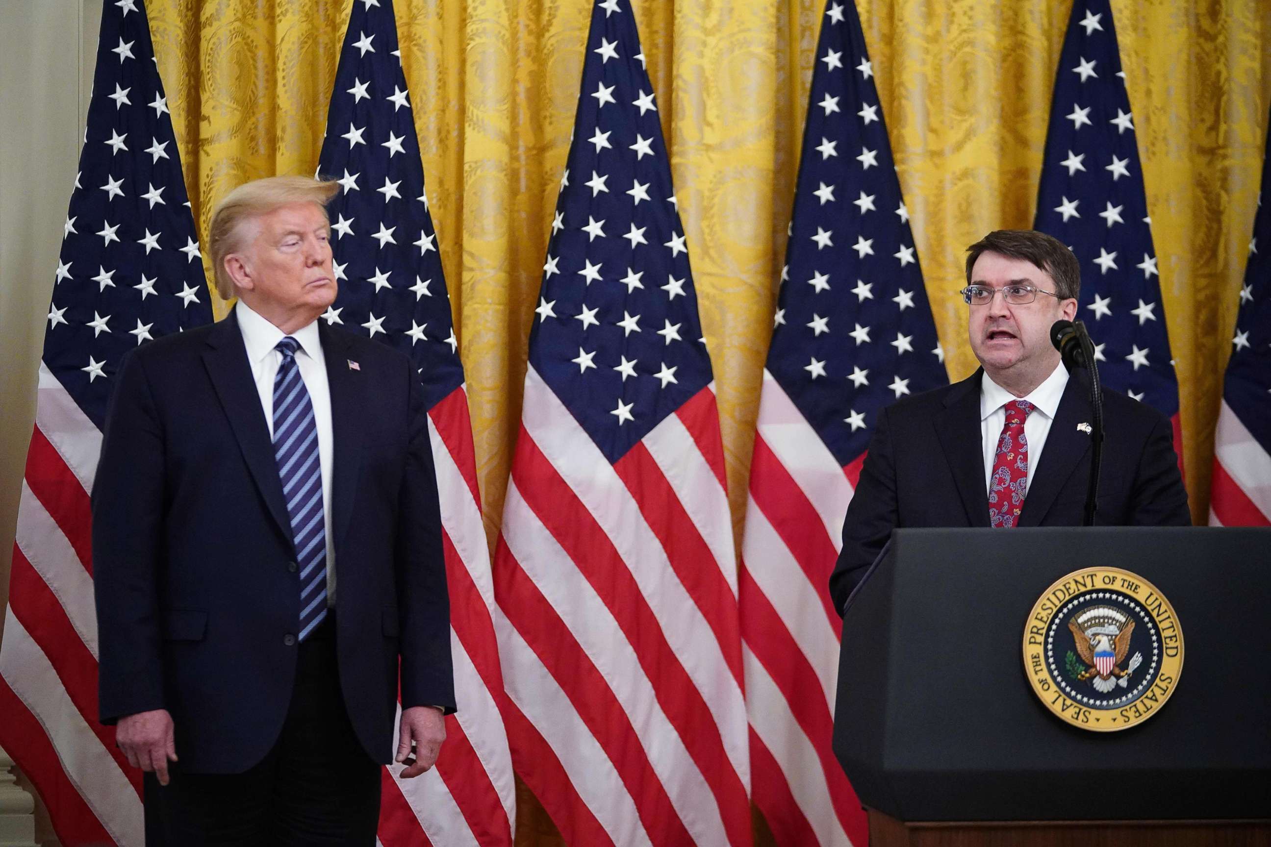 PHOTO: President Donald Trump listens as Secretary of Veterans Affairs Robert Wilkie speaks on protecting Americas seniors from the COVID-19 pandemic in the East Room of the White House, April 30, 2020. 