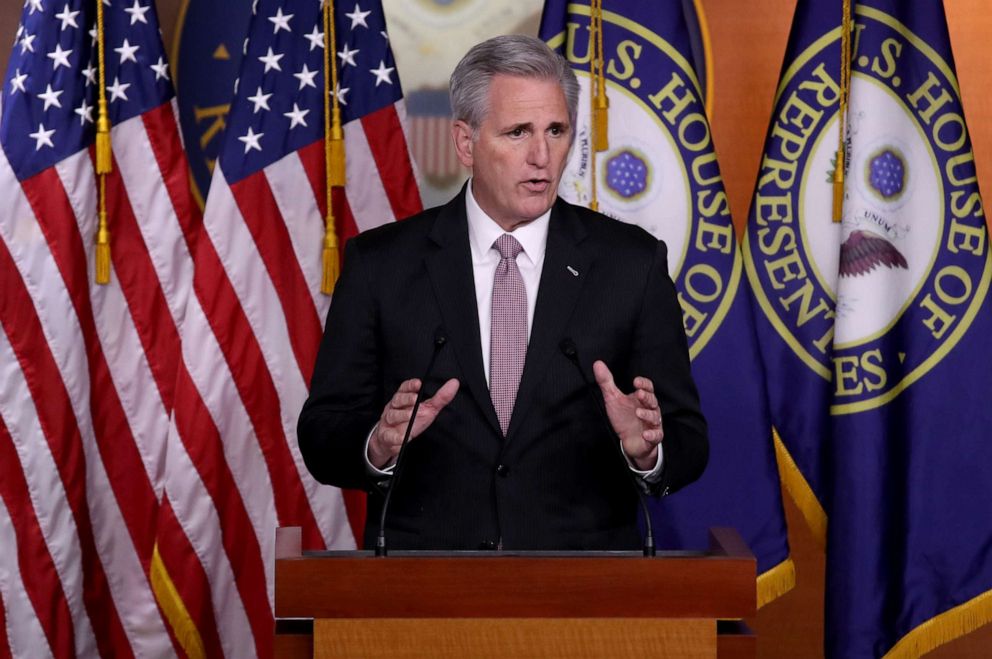 PHOTO: House Minority Leader Kevin McCarthy (R-CA) answers questions during his weekly news conference at the Capitol, March 28, 2019.